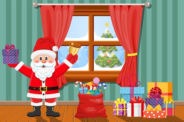 Santa in room with christmas tree and gifts.