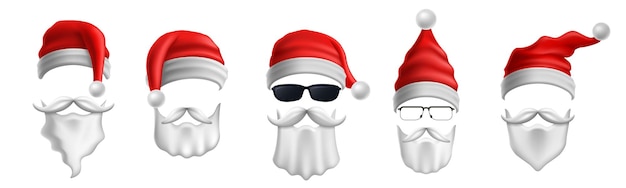 Vector santa_s hats eyeglasses and beards christmas party costume mask with red cap and white beard with mustaches vector illustration set