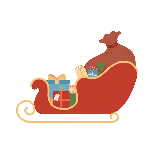 Vector santa's slee met zak met geschenken leuke vectorillustratie geïsoleerd op een witte achtergrond