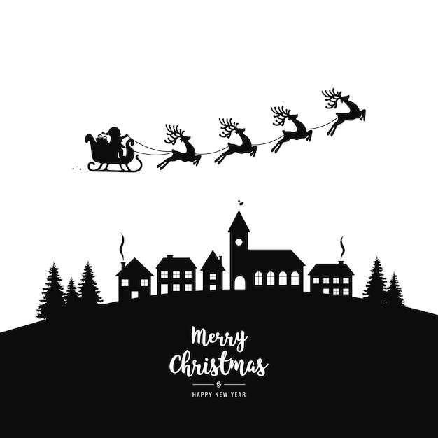 Vector santa sleigh flying silhouette village night