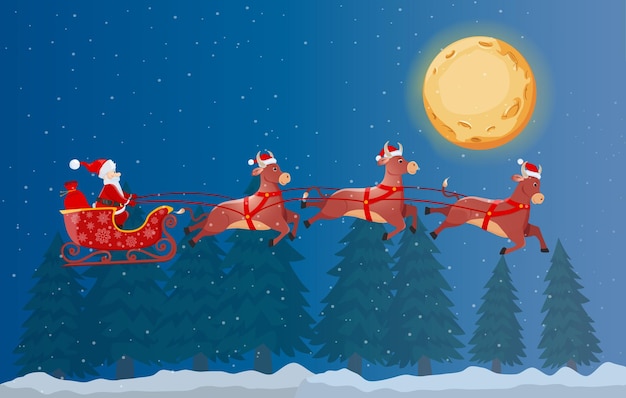 Vector santa on sleigh and his flying three bulls on winter forest night