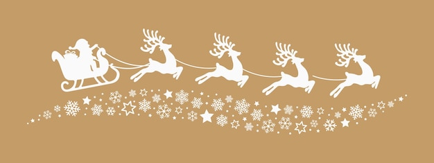 santa sleigh reindeer flying snowflakes stars gold background