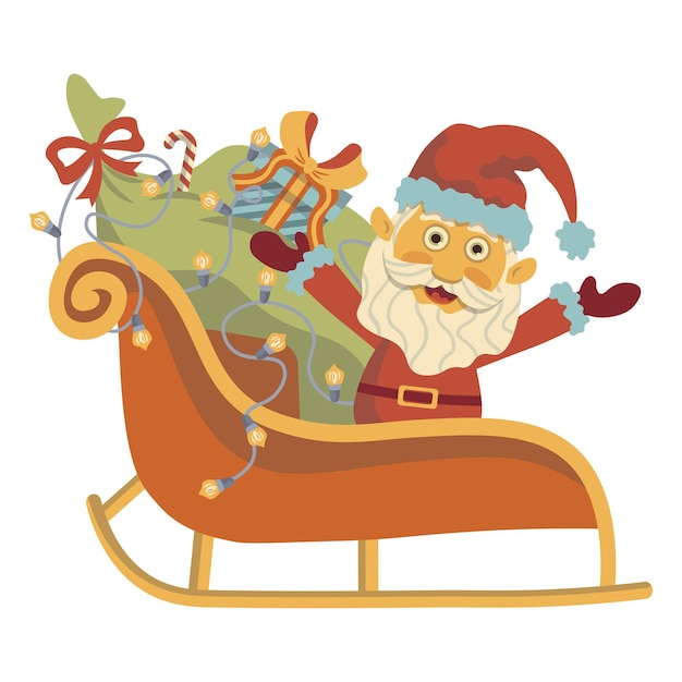 Santa on a sleigh with a big bag of gifts new year christmas vector character