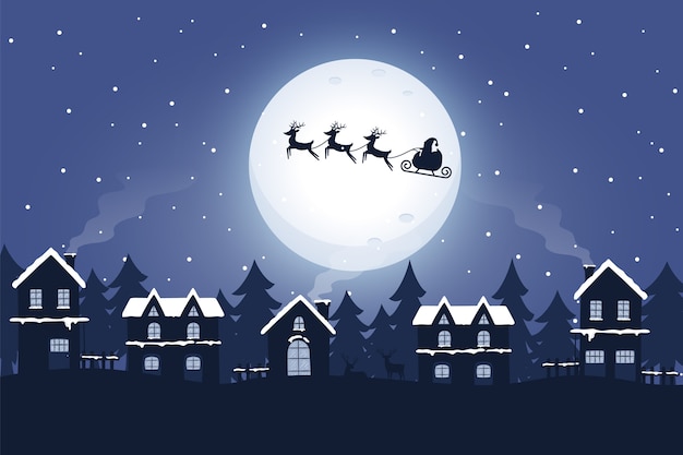 Vector santa and sleigh with reindeer in the night