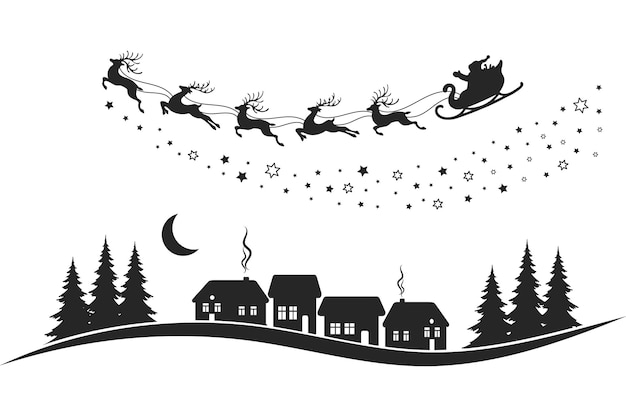 Santa on a sleigh with reindeers in the sky with the moon winter landscape silhouette on a white