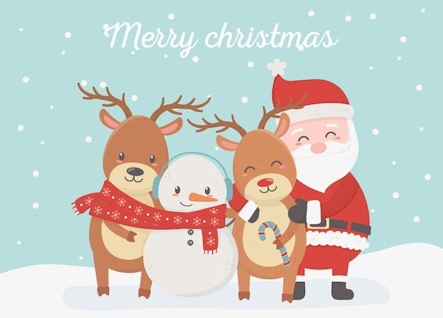 Santa snowman reindeer celebration happy christmas card