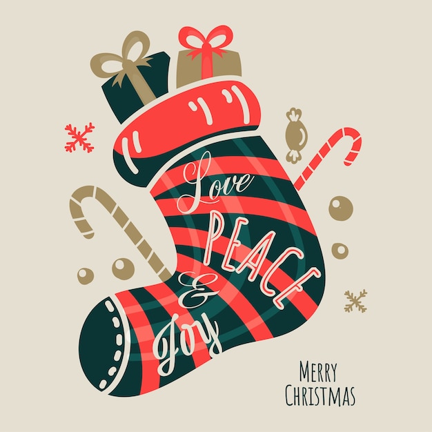 Носок санта-клауса, наполненный подарками, конфетами, снежинками и текстом любви, мира и радости на бежевом фоне для счастливого рождества.