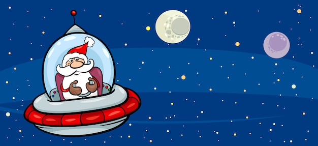 Vector santa in space cartoon greeting card