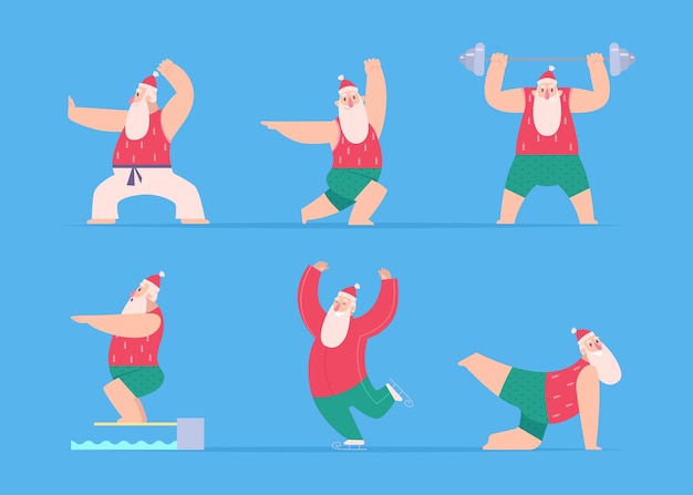 Vector santa sport. fitness christmas characters winter santa workout working exercises vector illustration. fitness christmas santa, xmas exercise character