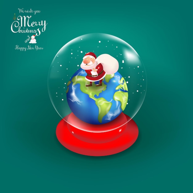 Santa stand on the earth inside the crystal ball with snow flake on red background 3d cartoon style