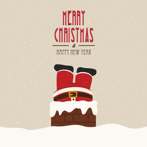 Vector santa stuck in chimney snow background