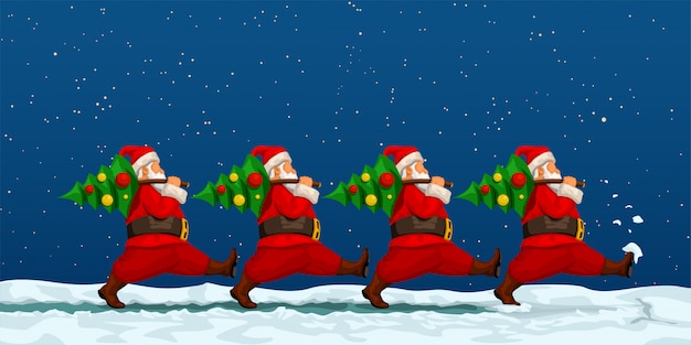 Squadra di babbo natale che trasportano alberi