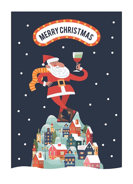 Santa toasting a wine glasses snow falls quietly new year and christmas vector christmas card