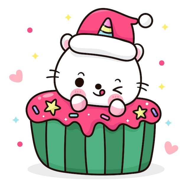 Babbo natale gatto unicorno e torta natalizia kawaii cartoon