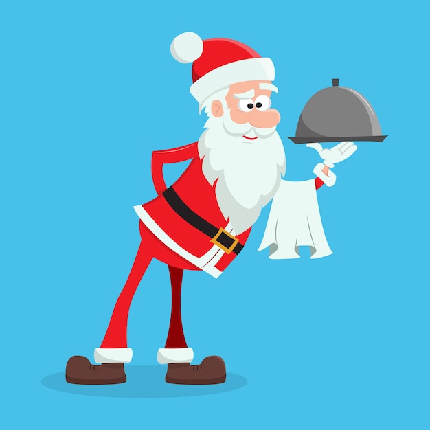 Santa the waiter brought the order Cute Christmas Santa brought tray and towel Flat vector