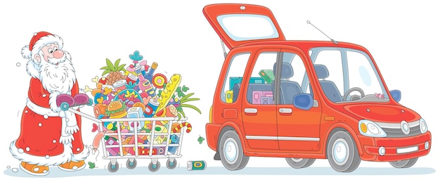 메리 홀리데이를 위한 음식, 음료, 선물로 가득 찬 쇼핑 카트를 들고 차로 걸어가는 산타