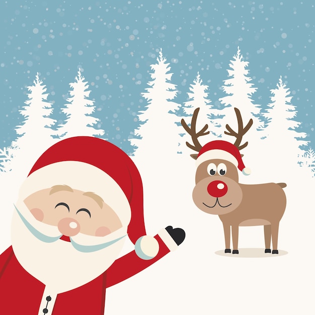 Vector santa wave from side reindeer red nose winter landscape