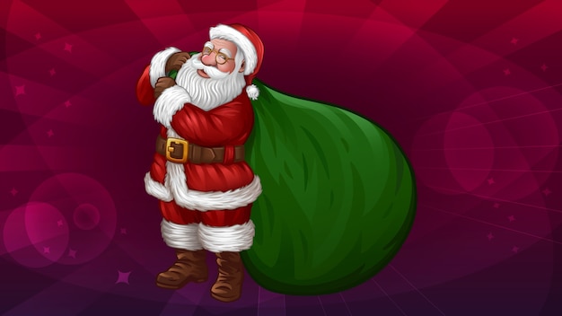 Santa con la grande borsa verde isolata sul rosso astratto