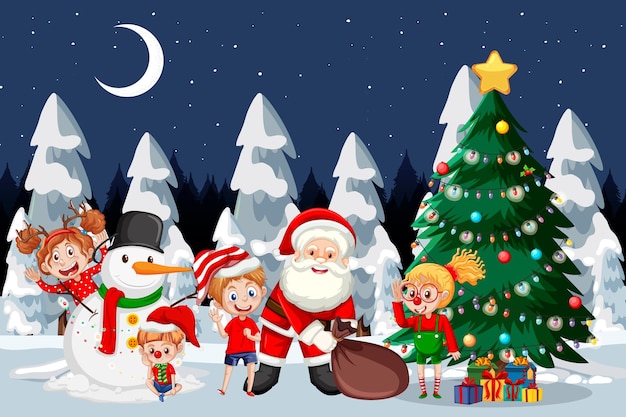 Babbo natale con i bambini che festeggiano il natale di notte