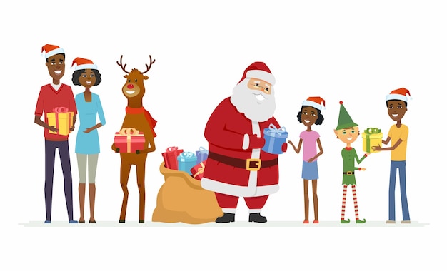 Santa with compaions congratulate African family - cartoon characters isolated illustration on white background. Smiling Father Frost with reindeer and elf give parents and kids presents