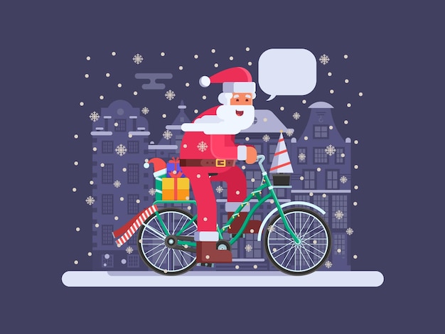 크리스마스 자전거에 선물 가방을 든 산타