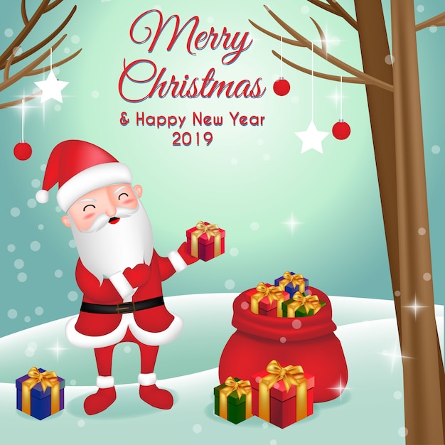 Santa with gift bags. merry christmas and happy new year