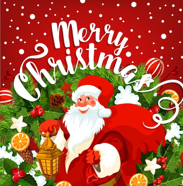 Vector santa with gift greeting card of christmas holiday