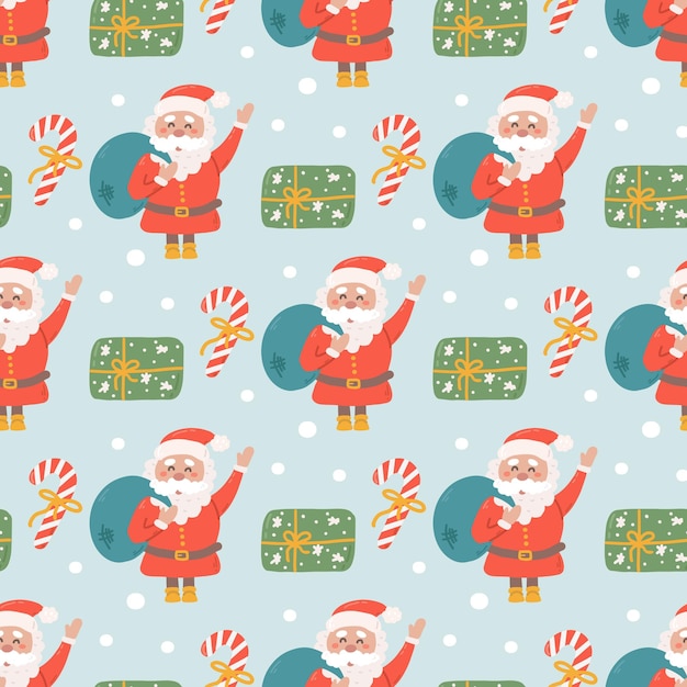 Santa with gifts and sweets vector seamless Christmas pattern