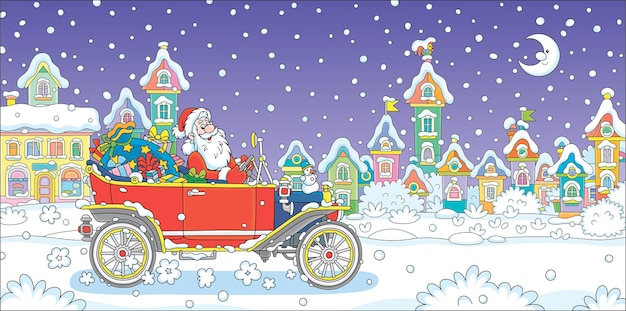 Santa with a magic bag of gifts driving his retro car down a snowy night street of a pretty town