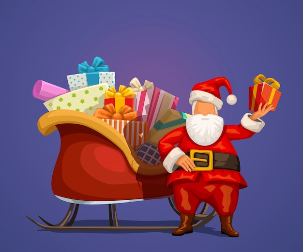 Vector santa with present and sleigh