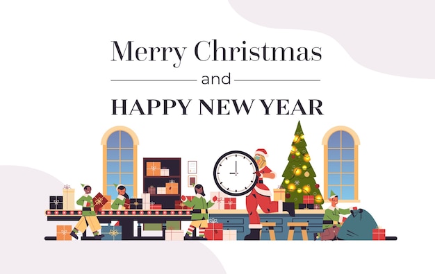 Санта женщина держит часы микс расы эльфы кладут подарки на конвейер новый год рождественские праздники празднование концепция поздравительная открытка горизонтальная полная длина векторная иллюстрация