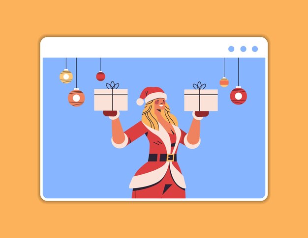 santa woman holding gift box girl having fun happy new year and merry christmas holidays celebration concept web browser window horizontal portrait vector illustration