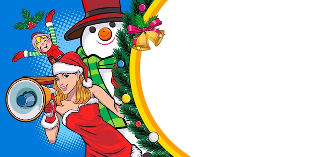 Santa woman holding megaphone with snowman and elf with christmas frame banner pop art comic style