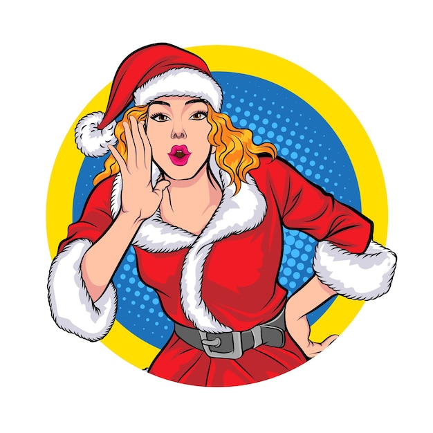 Donna di babbo natale che grida con la mano intorno alla bocca sul segno del cerchio in stile fumetto retrò vintage pop art