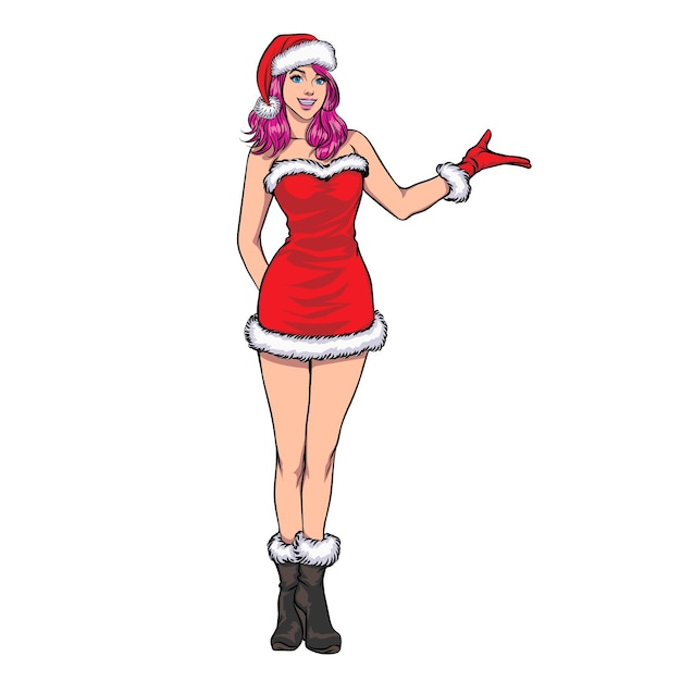 Vector santa woman stand and gestures presenting pop art comic style