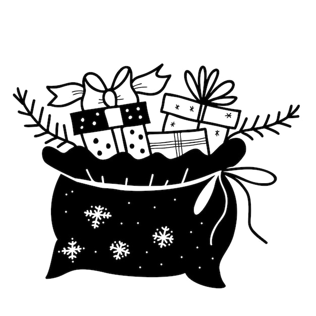 Vector santas christmas tas met geschenken hand tekenen in doodle stijl