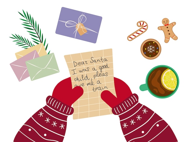 Vector santas hands are at the table holding a letter asking for a gift table with letters cookies and gift