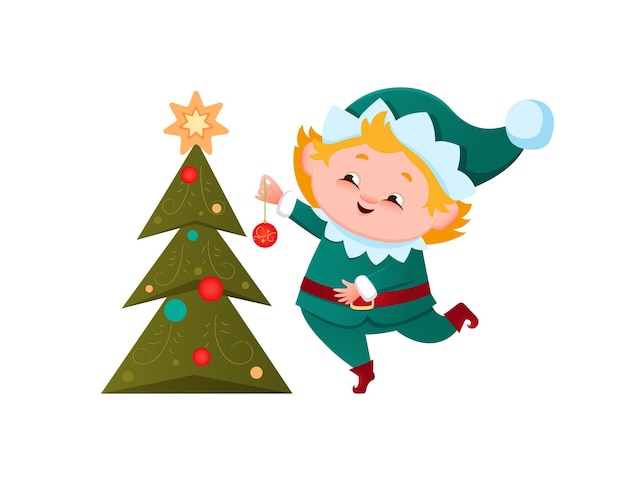 Santas little green elf helper decorates the christmas tree with red balls vector illustration