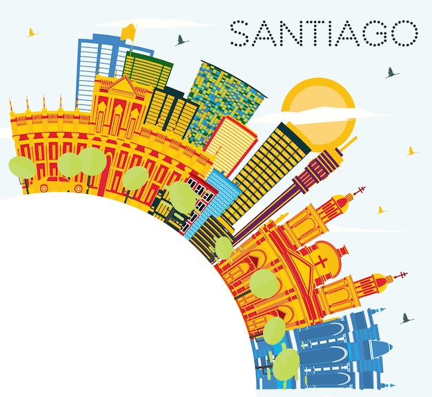 Vector santiago chili skyline met kleur gebouwen, blauwe lucht en kopie ruimte. vectorillustratie. zakelijk reizen en toerisme concept met moderne gebouwen. santiago stadsgezicht met monumenten.