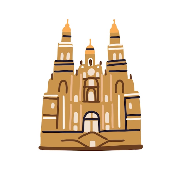 Собор Сантьяго-де-Компостела, известная архитектурная достопримечательность Испании. Старое здание испанской католической церкви в стиле каракулей. Цветная плоская векторная иллюстрация на белом фоне.
