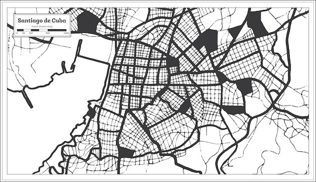 Santiago de Cuba City Map in Black and White Color in Retro Style Outline Map