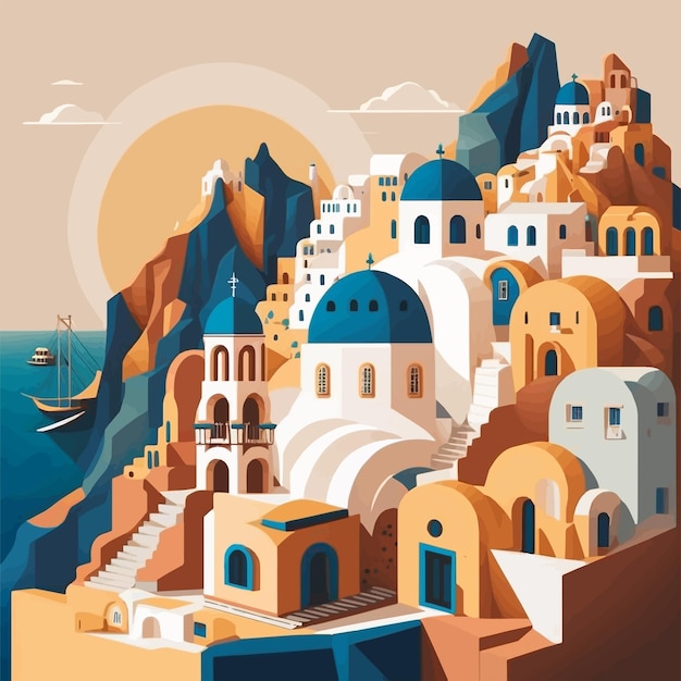 Vector santorini greece aegean hotel view vacation travel tour landmark flat vector