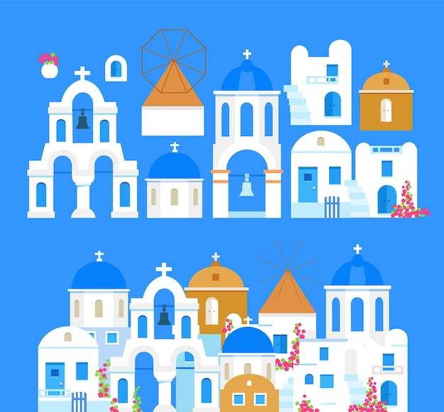 Vector santorini greece buildings of traditional architecture set objects