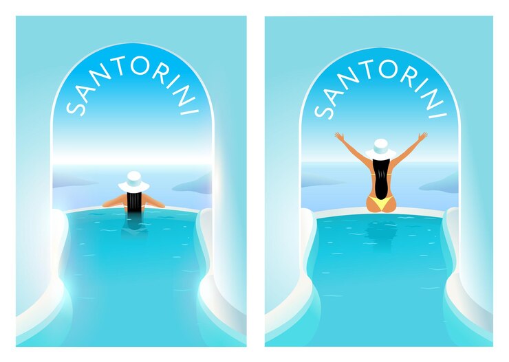 Vector santorini greece the girl in the hotel pool in the resort of santorini rest and relaxation