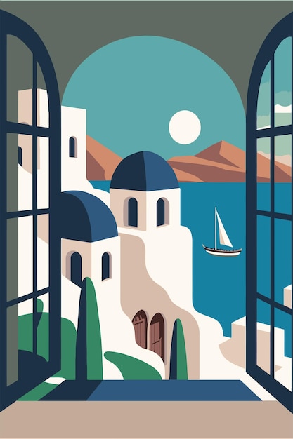 Остров Санторини путешествия вектор плоский цвет иллюстрации фона