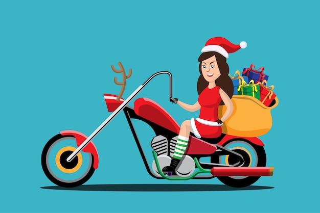 산타클로스는 오토바이를 몰고 전 세계 어린이들에게 크리스마스 선물을 배달합니다. 크리스마스 카드, 초대장 및 웹사이트 축하 장식을 위한 메리 크리스마스 컷아웃 요소입니다.