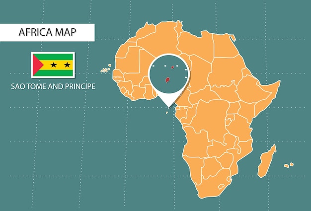 Mappa di sao tome e principe in africa icone della versione zoom che mostrano la posizione e le bandiere