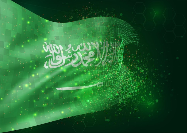 Saoedi-Arabië, vector 3D-vlag op groene achtergrond met veelhoeken en gegevensnummers