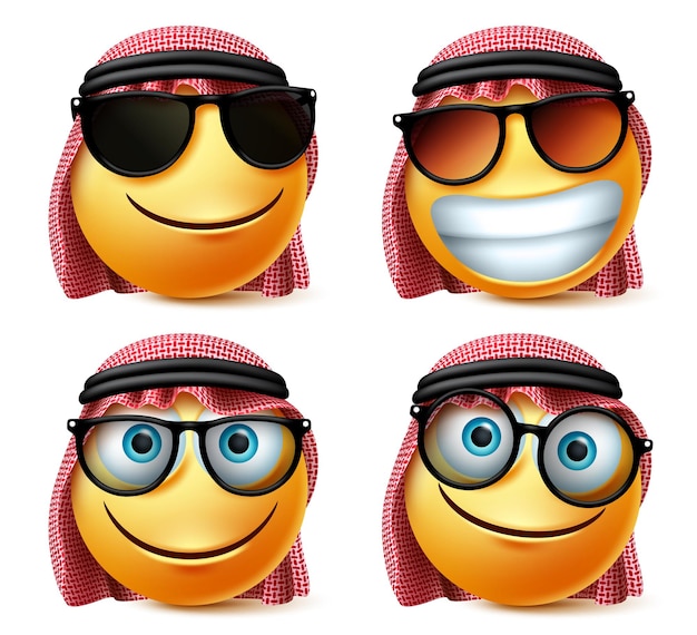 Saoedi-Arabische vector emoji bril emoticon set. Saoedi-arabisch emoticongezicht met een zonnebril