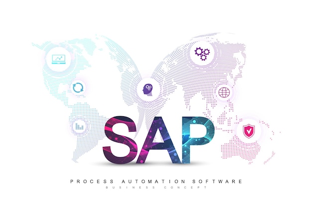ПО для автоматизации бизнес-процессов SAP. Шаблон баннера концепции системы планирования ресурсов предприятия ERP. Технологии будущего научно-фантастического концепта SAP. Искусственный интеллект. Векторная иллюстрация